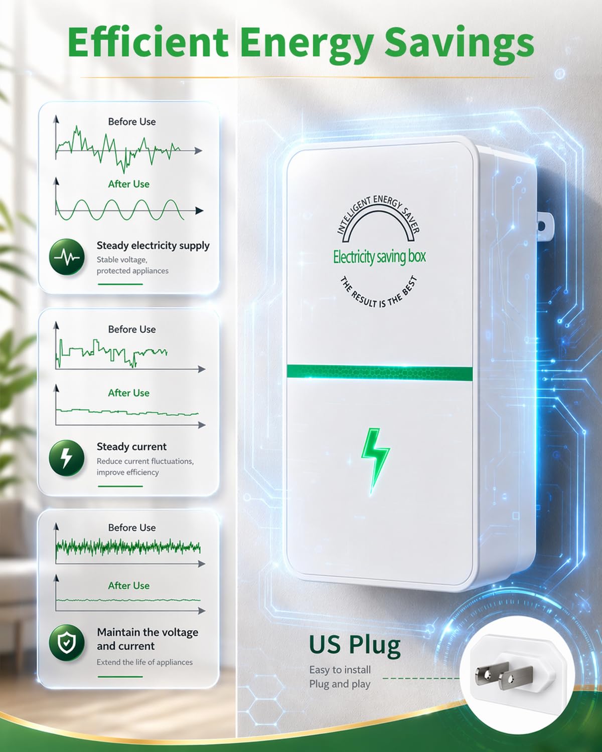 8PCS Power Plug Pro Energy Saver 2026 Updated New Stop Watt Energy Saving Device Intelligent Electricity Electric Saving Box Smart Plug in Power Box Power Factor Saver Household Power Plug-in