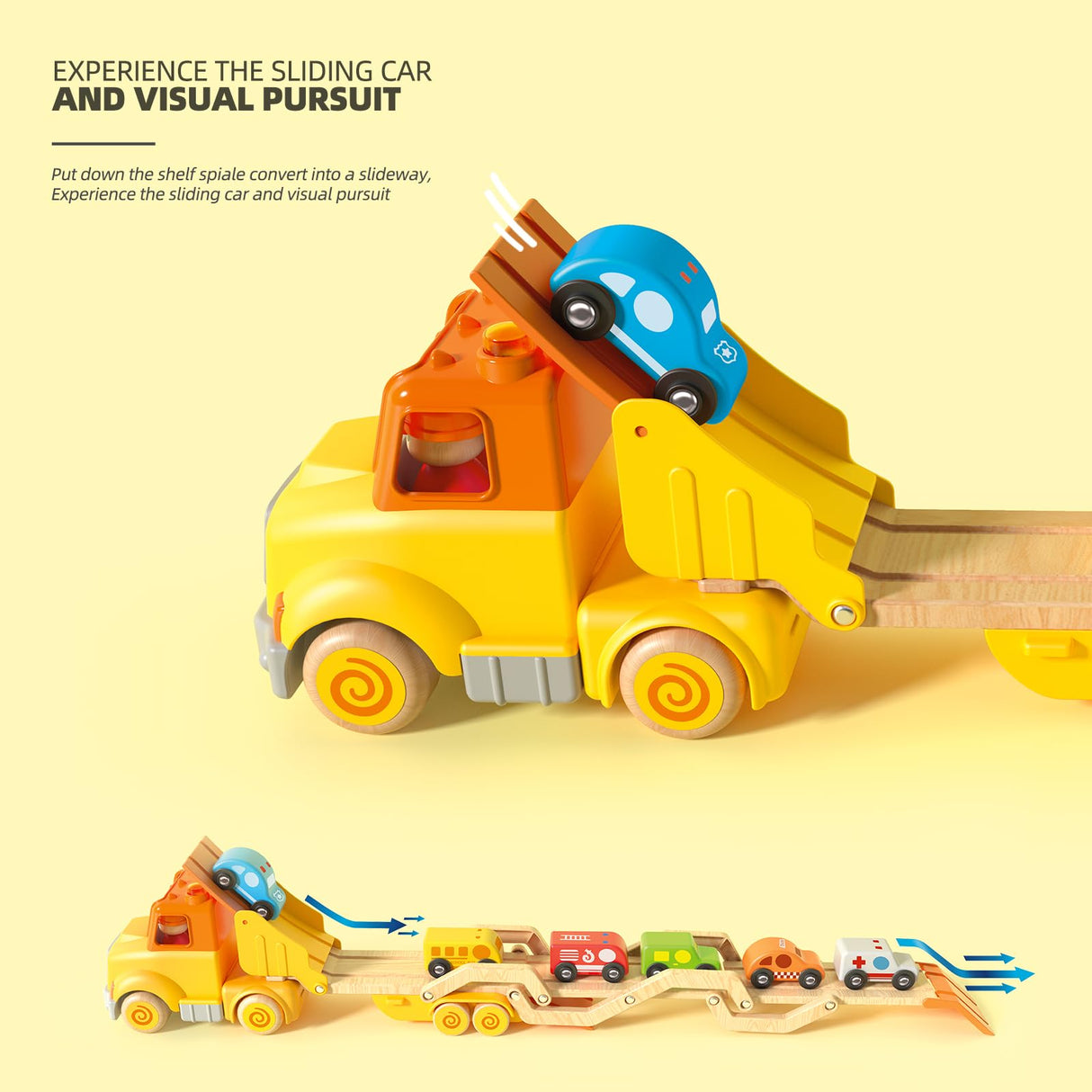 Toddler Toys for 2 3 4 5 Years Old Kids, Transport Car Carrier Truck Toy with 6 Wooden Vehicle, 30in Foldable Track Trailer with Light & Sound Effects, Best Gift Choice for Christmas, Birthday