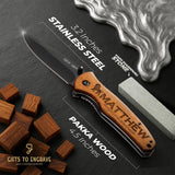GIFTS TO ENGRAVE Custom Pocket Knife for Men, Personalized Fathers Day Gift, Engraved Hunting Knife, Wood Handle, Groomsmen & Best Man Gift