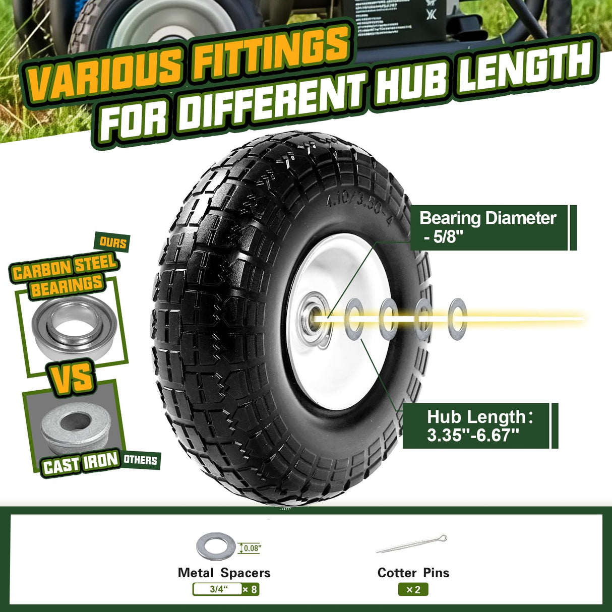 QILINGLORY 4.10/3.50-4 Flat Free Tire and Wheel, 10" Solid Tire with 5/8" bearing bore, Replacement for Gorilla Cart,Hand Truck, Dolly, Wheelbarrow, 500 lbs Load Capacity (10 Inch, 2-Pack)