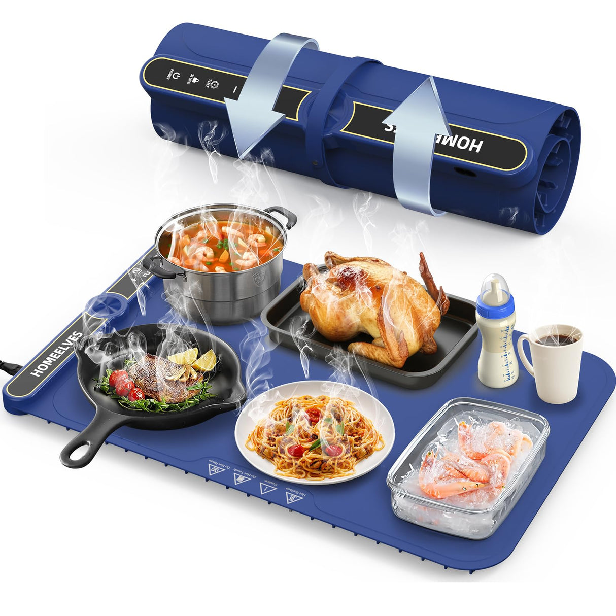 Food Warming Mat, Rapid Heating Electric Warming Tray with 9 Temp Setting and 6 Hours Timer,Foldable Warming Trays for Food, Portable Food Warmers for Parties Buffet, Blue
