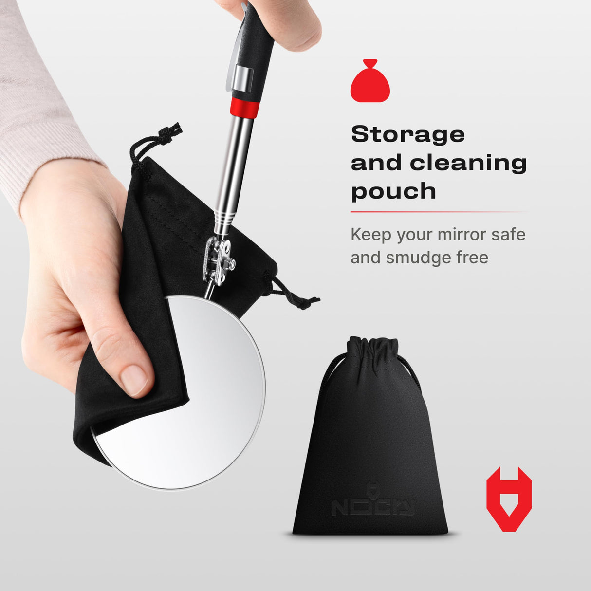NoCry Heavy Duty Telescoping Inspection Mirror — 3.23 Inch Round Mirror on a Stick; 2-in-1 Storage Pouch; Extendable Mirror up to 30in; Non-Slip Handle; 360° Inspection Mirror Telescoping Swivel Head
