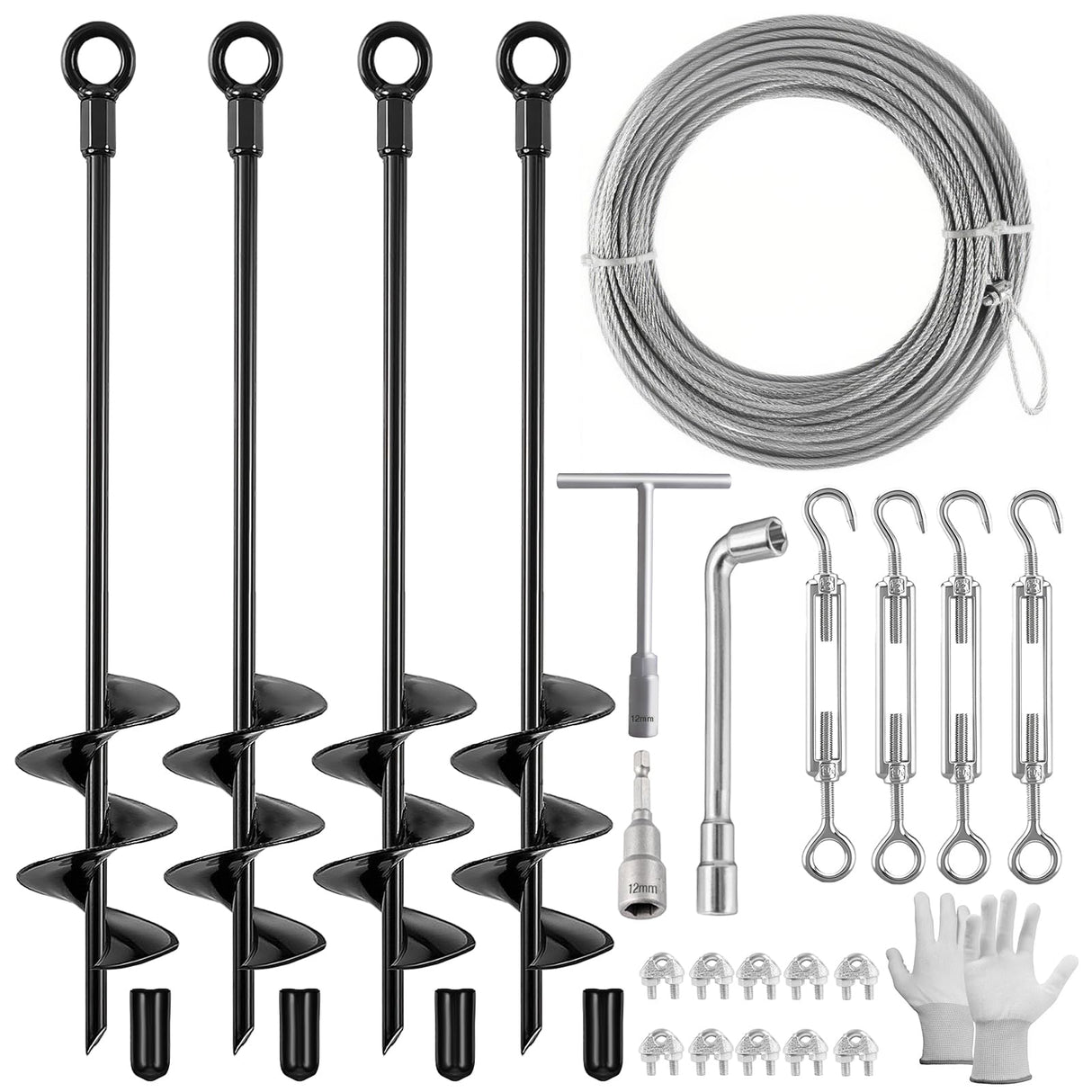 Fabulas 4 Pack 18" Ground Anchors Shed Anchor Kit with 50ft Galvanized Cable & 4 Pack Turnbuckles, Heavy Duty Ground Anchor Screw in Spiral Auger Earth Stakes for Shed Trampoline Swing Set Mobile Home