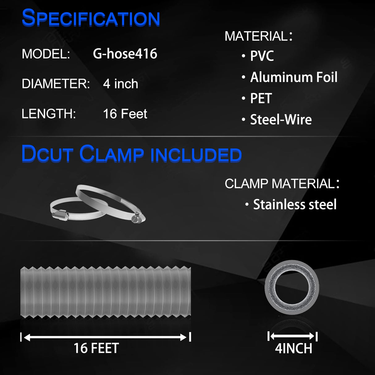 TEAIERXY 4 Inch 16FT Dryer Vent Hose,Flexible Insulated Air Ducting,Vent Hose PVC Aluminum Foil with 2 Clamps for HVAC Ventilation(Grey)