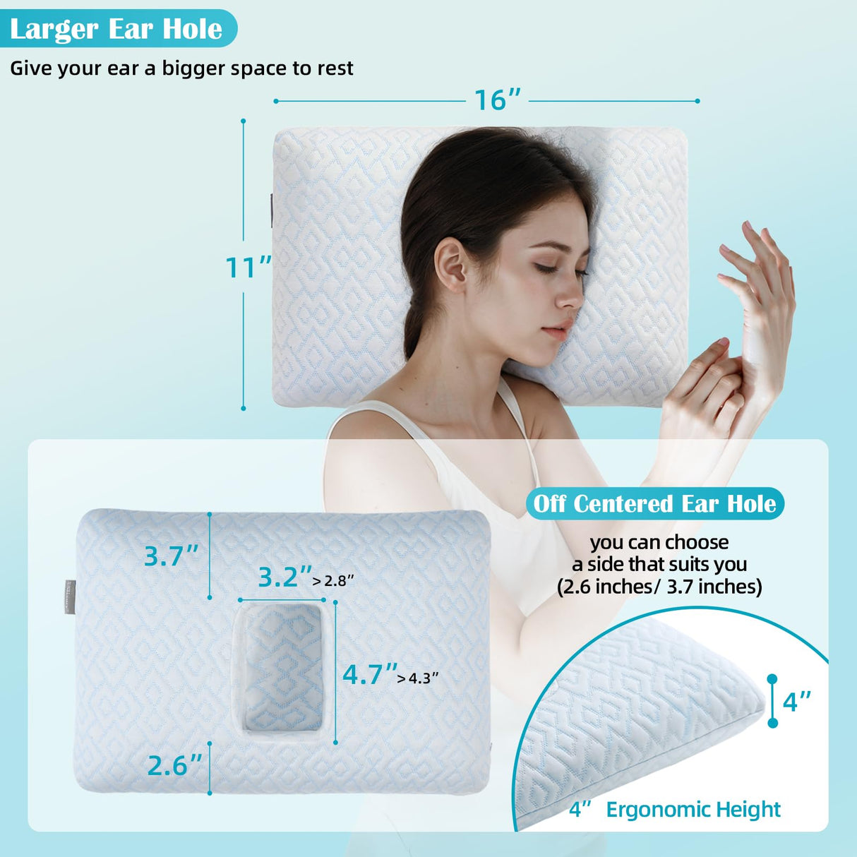 USlixury Piercing Pillow with Foam Plug - Piercing Pillow with Off Center and 4.7"X3.2" Ear Hole, Soft CertiPUR-US Memory Foam, Firm Support for Side Sleepers, Cooling, Traveling, 16"X11"X4''