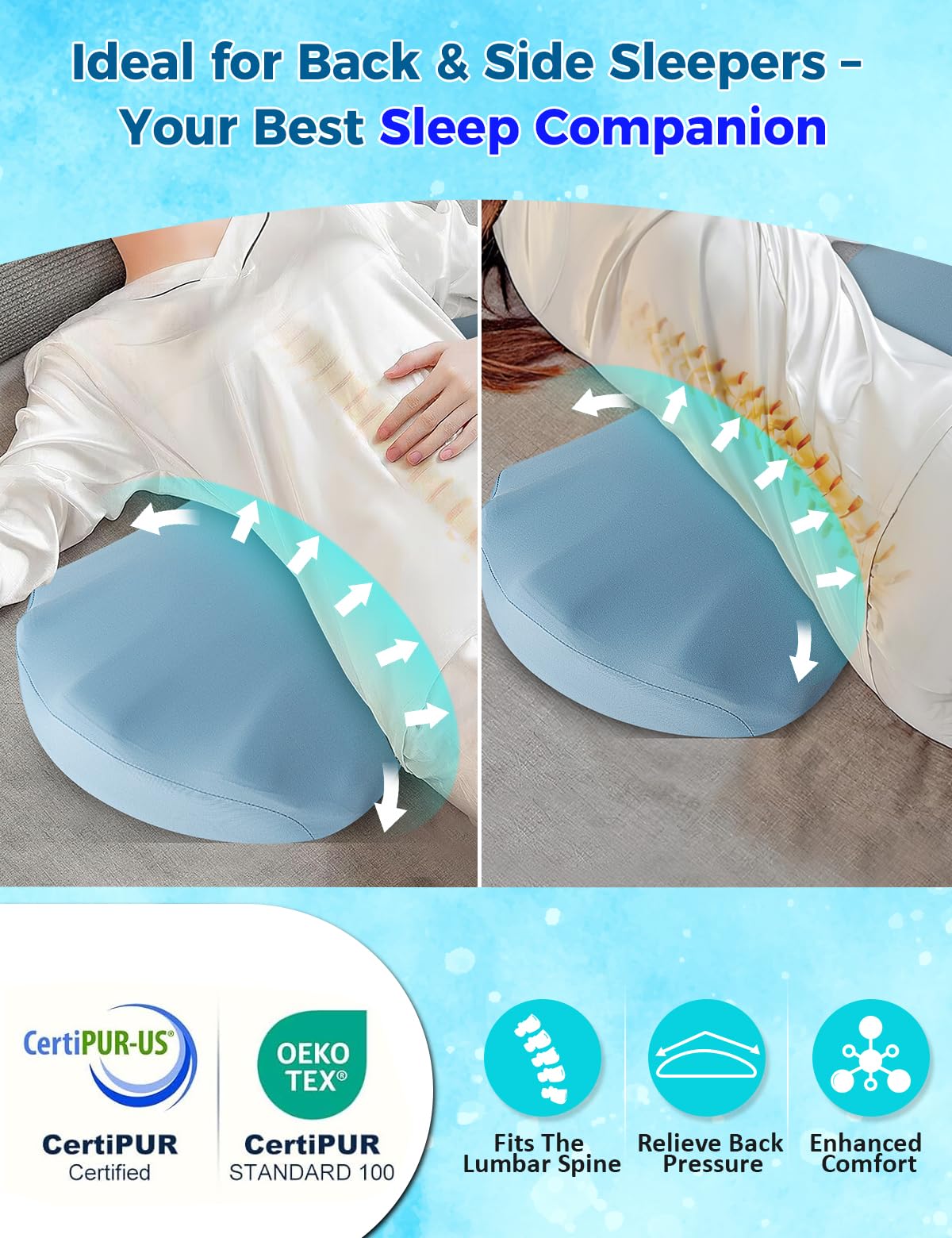 Lower Back Pain Relief Pillow for Sleeping Memory Foam Lumbar Support Pillow for Side Back Sleepers - Ergonomic Cooling Waist Pillow - Back Pain Relief Wedge Cushion Bolster Pillow for Bed, Car, Sofa