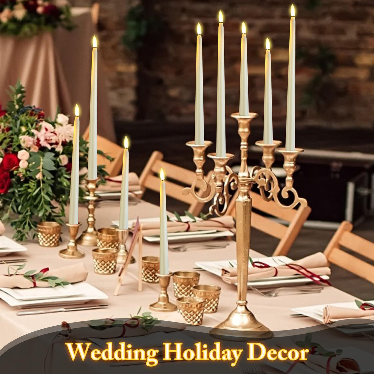 Rossesay 24 Pcs Flameless LED Taper Candles Battery Operated Candles 8.58'', 9.69'', 10.98'', 12.91'', 12.8'' Flameless Candlesticks Flickering for Halloween Christmas Church Wedding(Ivory)