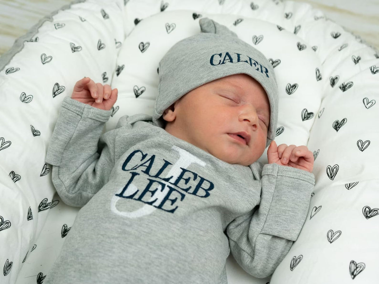 Personalized Newborn Baby Coming Home Outfit,Custom Embroidered Name Sleepwear,Infant Soft Long Sleeve Romper(style 1) (Grey, Unisex)