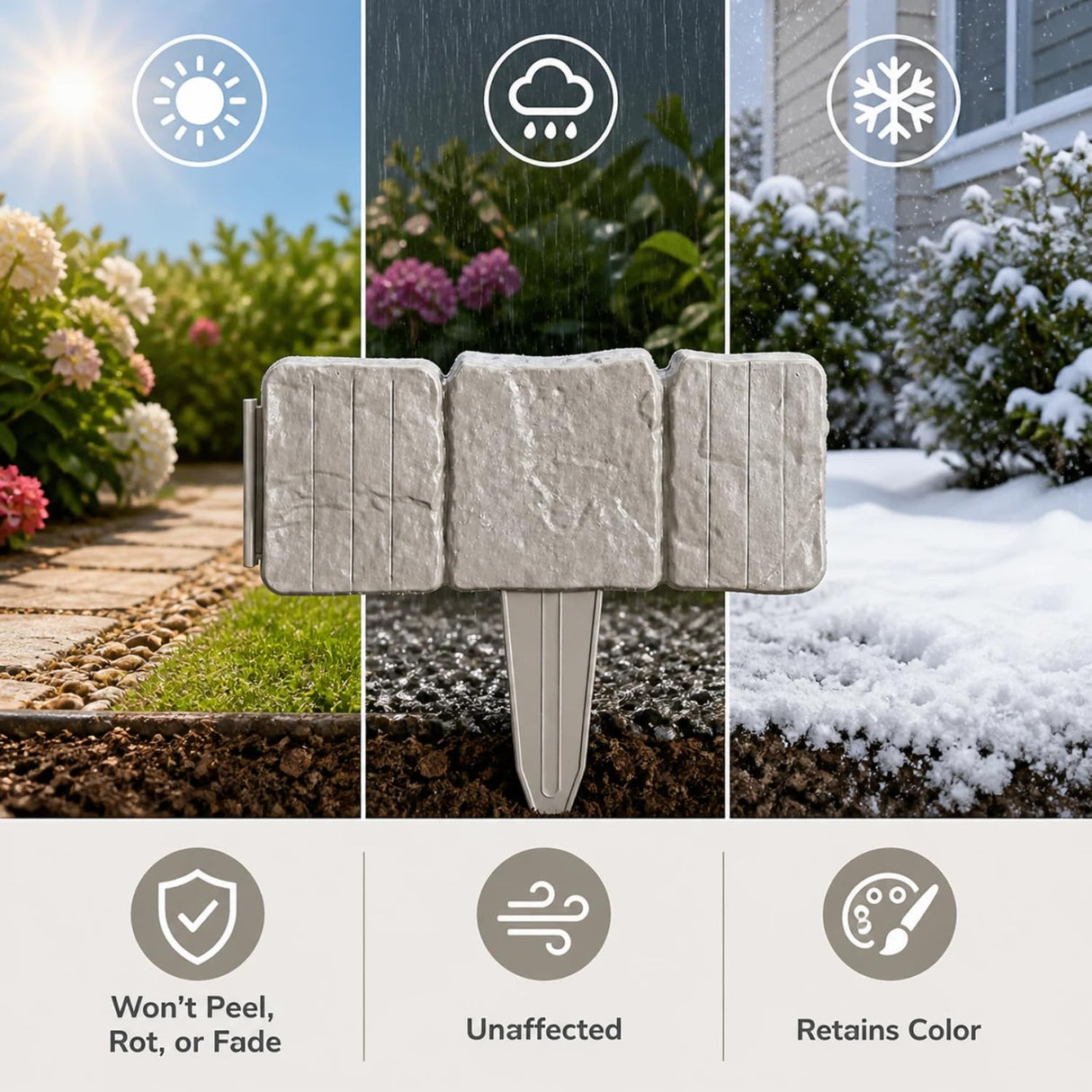 Imitation Stone Garden Fence - DIY Garden Edging Border, 2026 New Plastic Garden Retaining Fence, Interlocking No Dig Decorative Garden Fence with Stakes, for Yard, Patio, Outdoor (Gray, 30pcs)