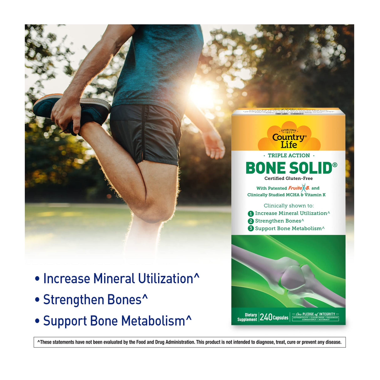 Country Life Bone Solid - Bone Health Supplement with Microcrystalline Hydroxyapatite (MCHA), Calcium, Magnesium, Zinc, Vitamins K2 & D3 for Enhanced Bone Strength & Metabolism - 240 Capsules