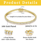 Gemsme 3mm Tennis Bracelet Cubic Zirconia Gold for Women Men 7.5"