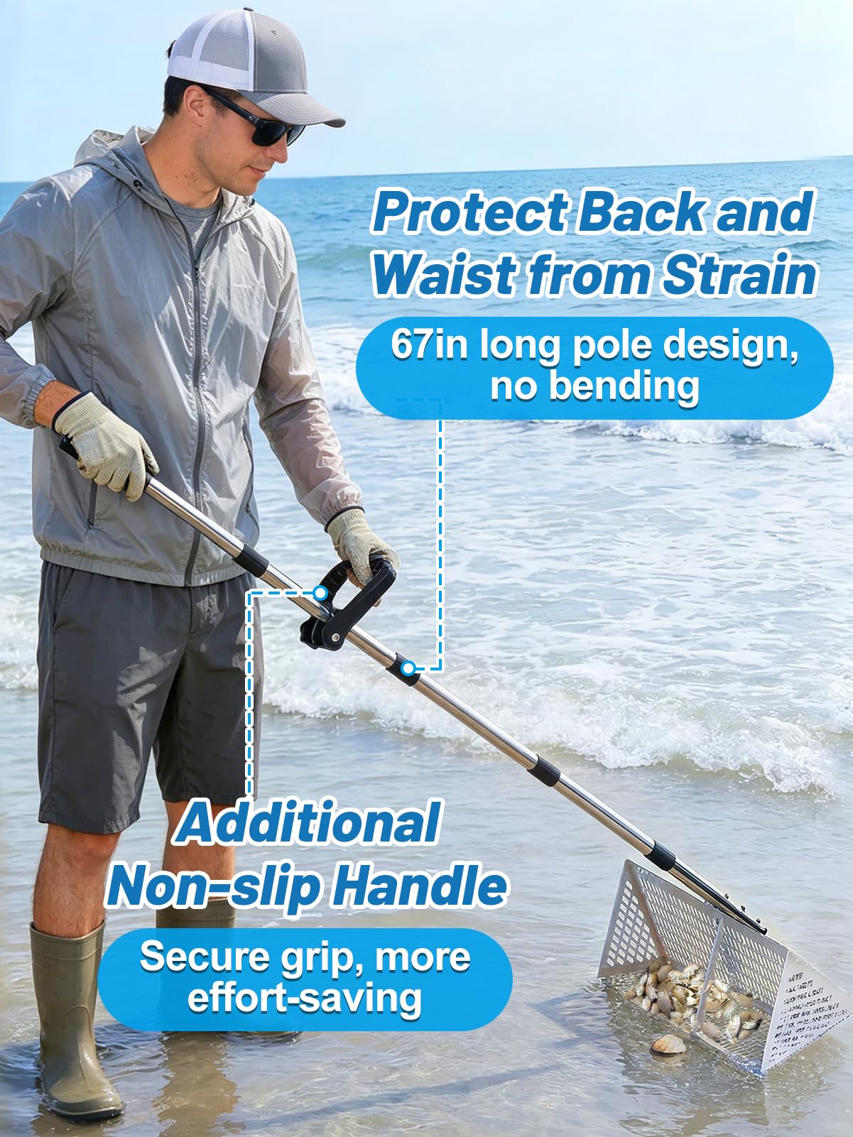69in Effortless Sand Flea Rake - Stainless Steel Shark Tooth Sifter with Bucket, Sands Sifter Shelling Tools for Beach Metal Detecting Beachcombing
