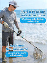69in Effortless Sand Flea Rake - Stainless Steel Shark Tooth Sifter with Bucket, Sands Sifter Shelling Tools for Beach Metal Detecting Beachcombing