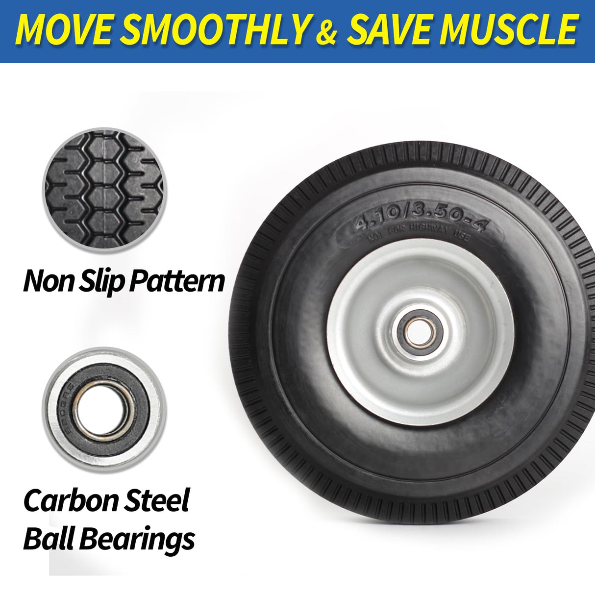 GICOOL 4.10/3.50-4" Flat Free Tire and Wheel, 10" Solid Tire with 5/8" Axle Bore Hole, 2.2" Offset Hub for Hand Truck Garden Wagon Cart Trolley Dolly Lawn Mover Replacement