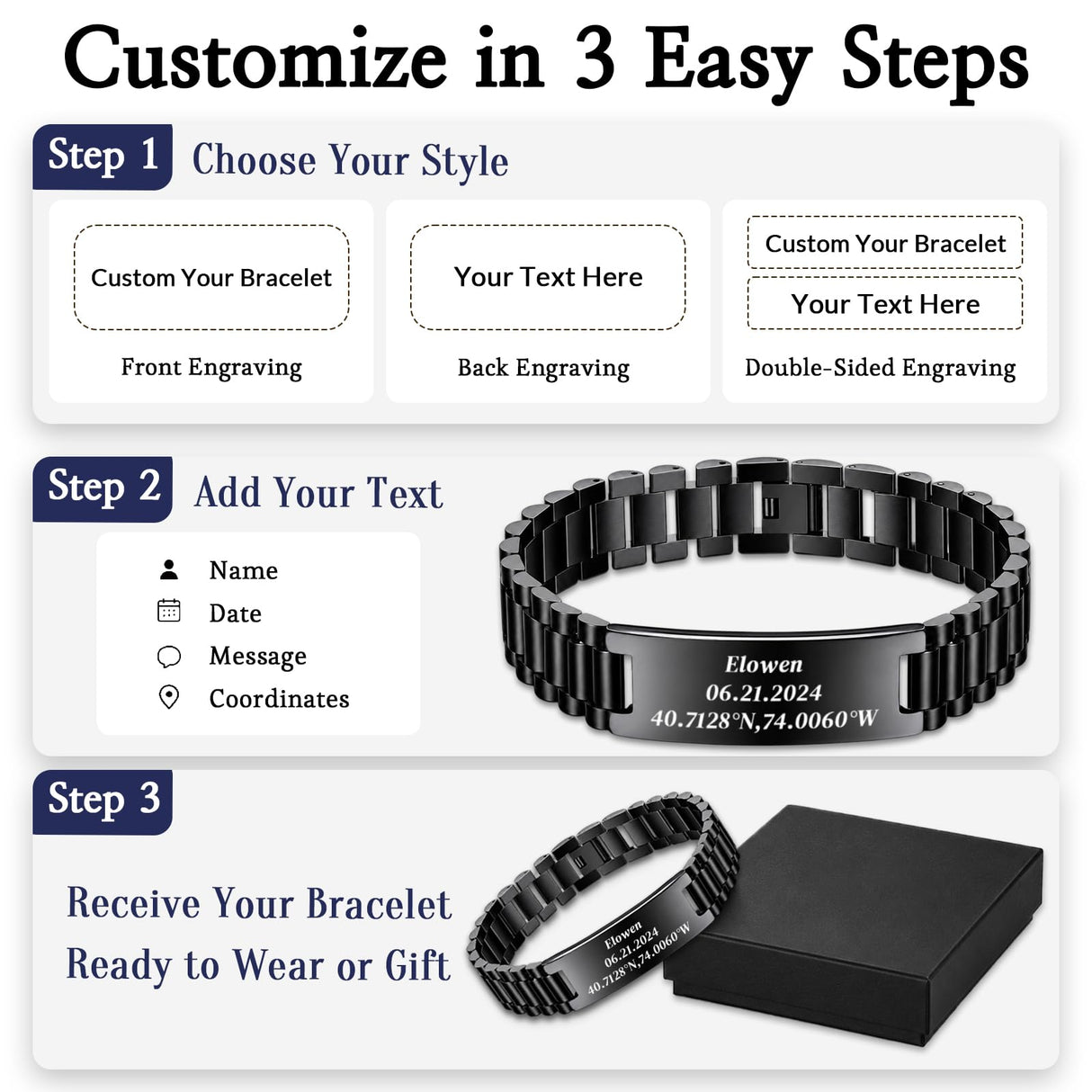 JUBOPE Custom Engraved Bracelets for Men,Adjustable Waterproof