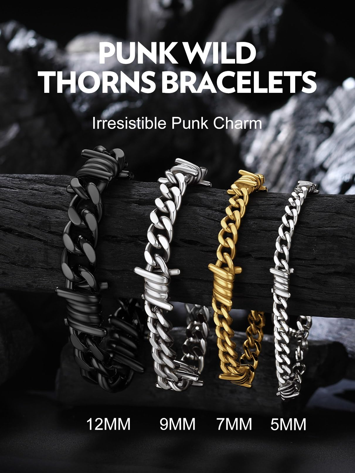 Bandmax 12MM Chunky Cuban Chain Bracelet for Men Stainless Steel Punk Emo Style Barbed Wire Bracelets Thorn Wristlet Adjustable Gift for Son Grandson Husband
