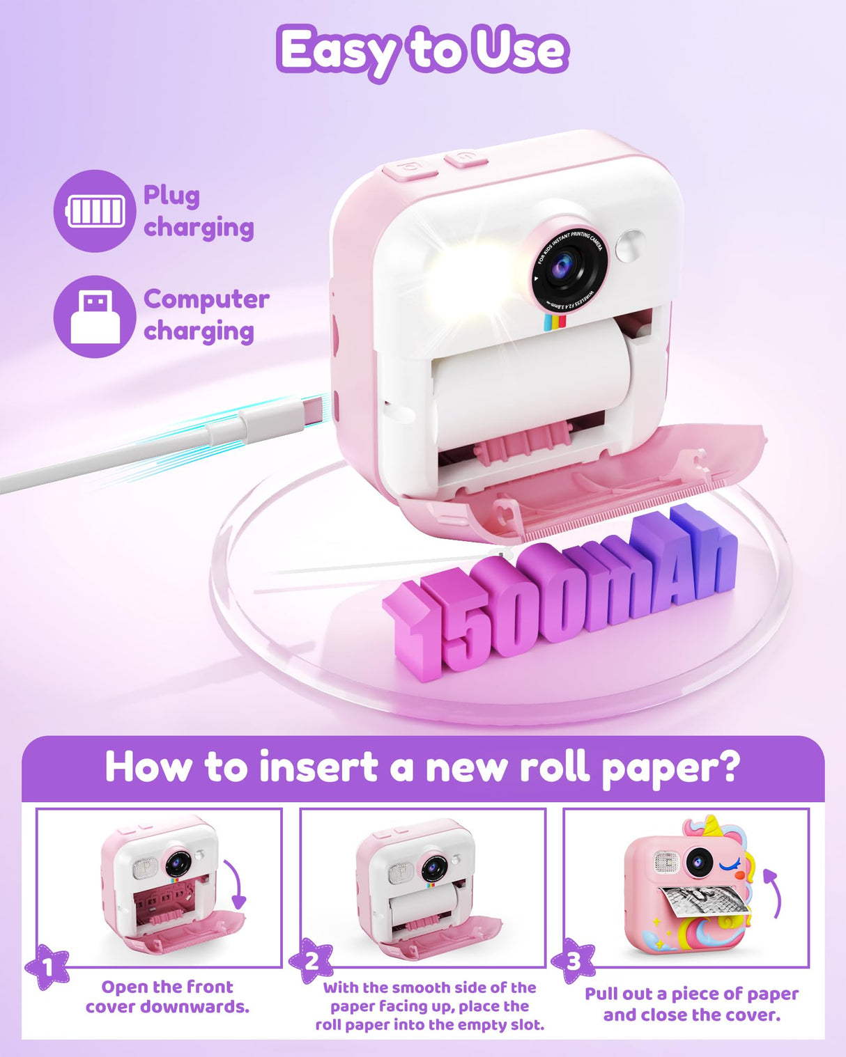 KOKODI Kids Camera Instant Print, Toddler Cameras Christmas Birthday Gifts for Girls Age 3-12, Digital Video Instant Printable Camera for Kids,Toys for Ages 5-7 Girls (Pink)