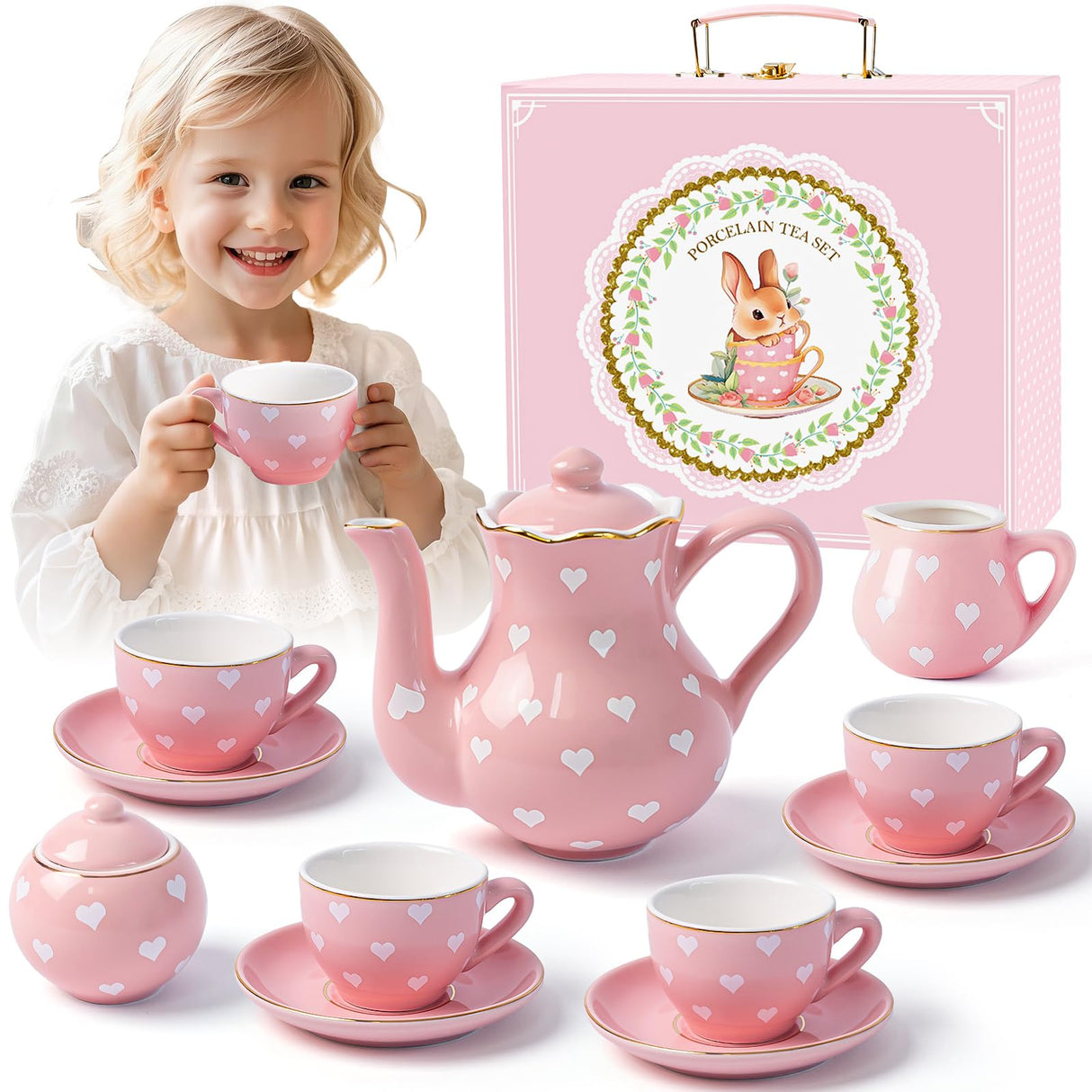 TUZT Porcelain Tea Party Set for Little Girls, Kids, Toddlers - 13Pcs Pink Heart Ceramic Set with Pot, Cups, Saucers & Carrying Case - Pretend Play Kitchen Toys - Christmas Birthday Gift for Girls