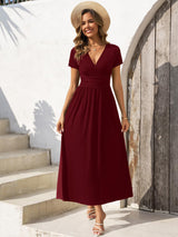 Gracyoga Womens Summer Wrap Christmas Dresses Fall Midi Smocked Swing Wine Red Dress Empire Waist Vintage V Neck High Waist Casual Long Sundress Dinner Outfit L