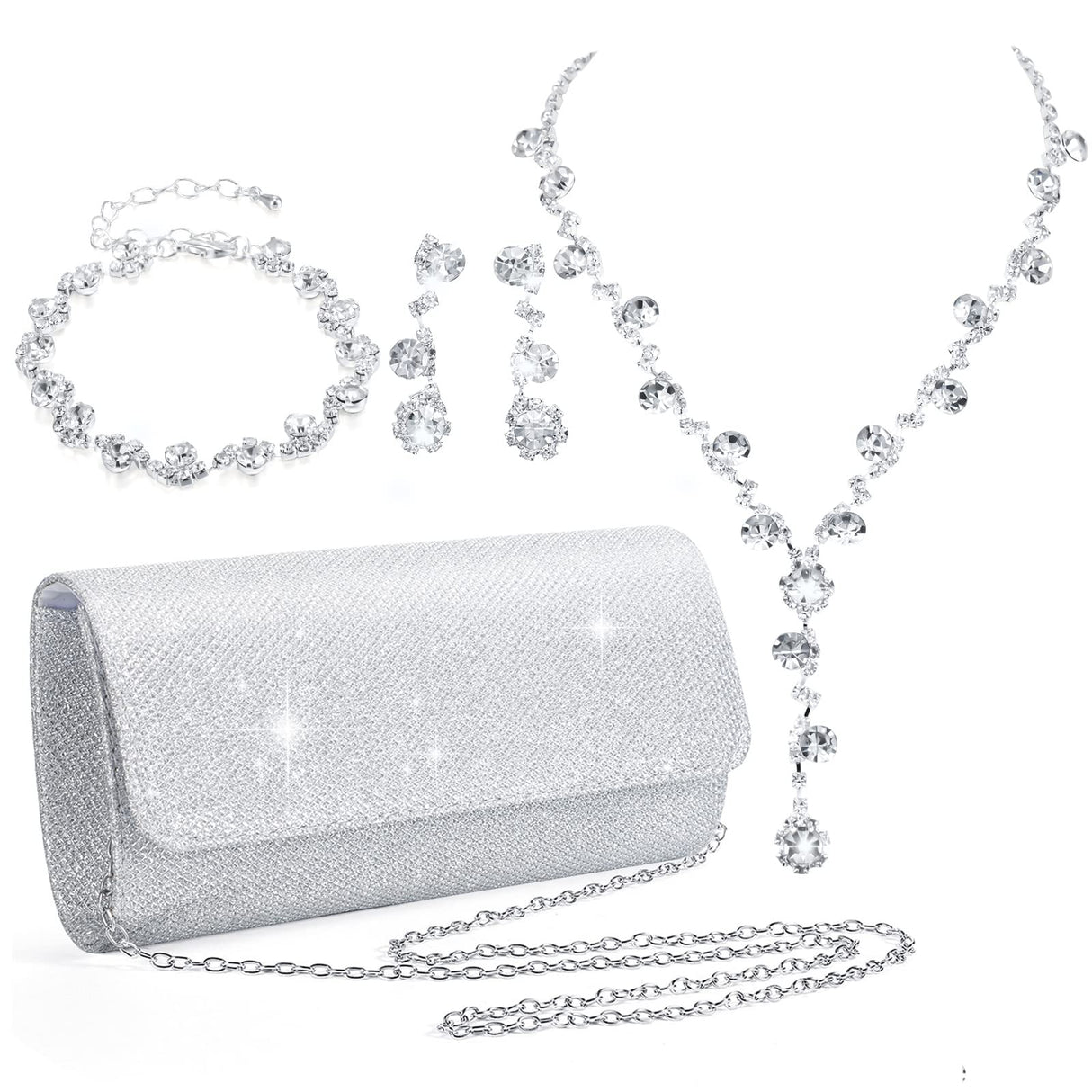 Meanplan 4 Pcs Silver Clutch Purse Jewelry Set for Women, Elegant Style
