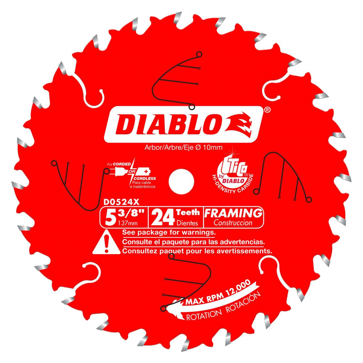 Diablo Framing Saw Blade for General Construction Applications - 5-3/8" Diameter, 24 ATB Teeth, 10mm Arbor, .049" Kerf, 18-Degree Hook Angle, .039" Plate, 12000 Max RPM - D0524X