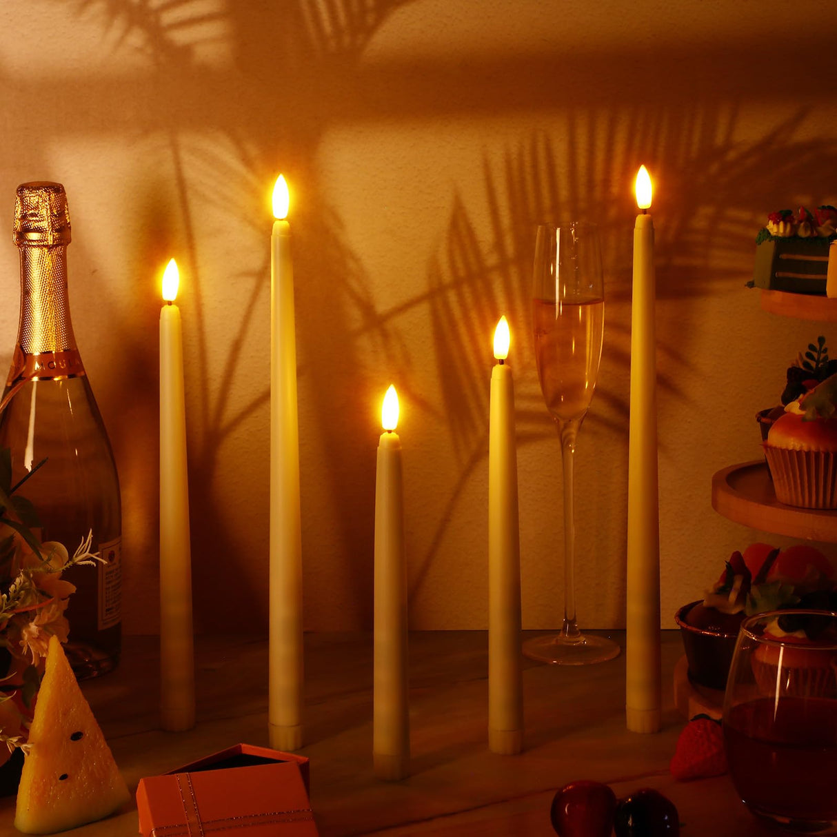 Rossesay 24 Pcs Flameless LED Taper Candles Battery Operated Candles 8.58'', 9.69'', 10.98'', 12.91'', 12.8'' Flameless Candlesticks Flickering for Halloween Christmas Church Wedding(Ivory)