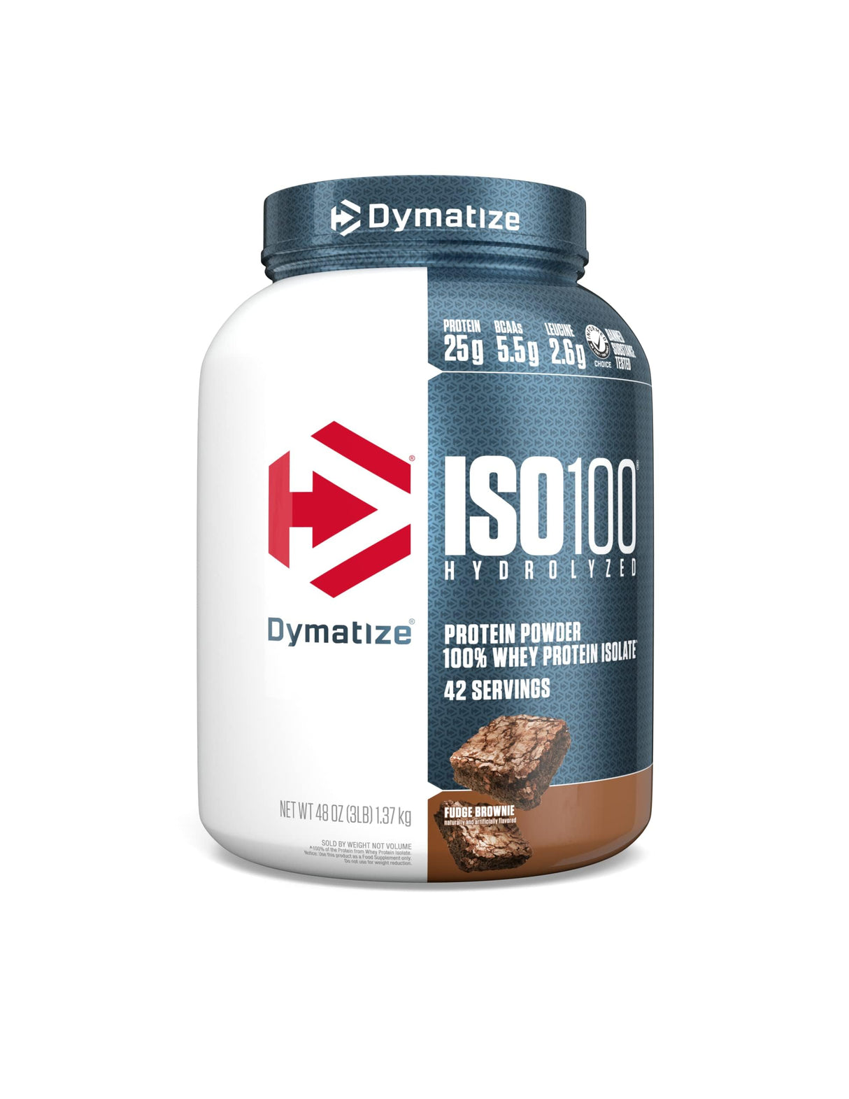 Dymatize ISO100 Whey Protein Powder Isolate, Fudge Brownie, 25g of Protein, 3 Pound, 5.5g BCAAs, Less Than 120 Cal., Gluten Free, 1g Fat, 1g Sugar, 2g Carb (42 Servings)