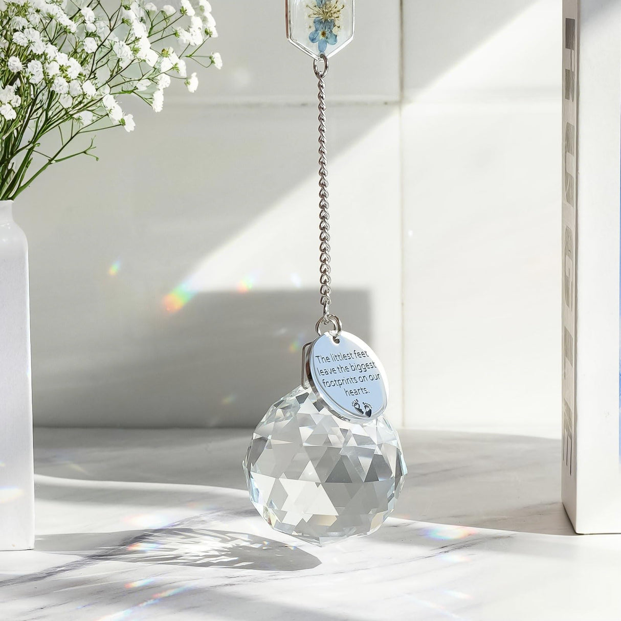 Althgr Miscarriage Memorial Suncatcher Gifts for Mothers Dad, Handmade Forget Me Not Baby's Breath Pressed Flower Miscarriage Ornament, Bereavement Remembrance Gift for Loss of Baby (Blue White)