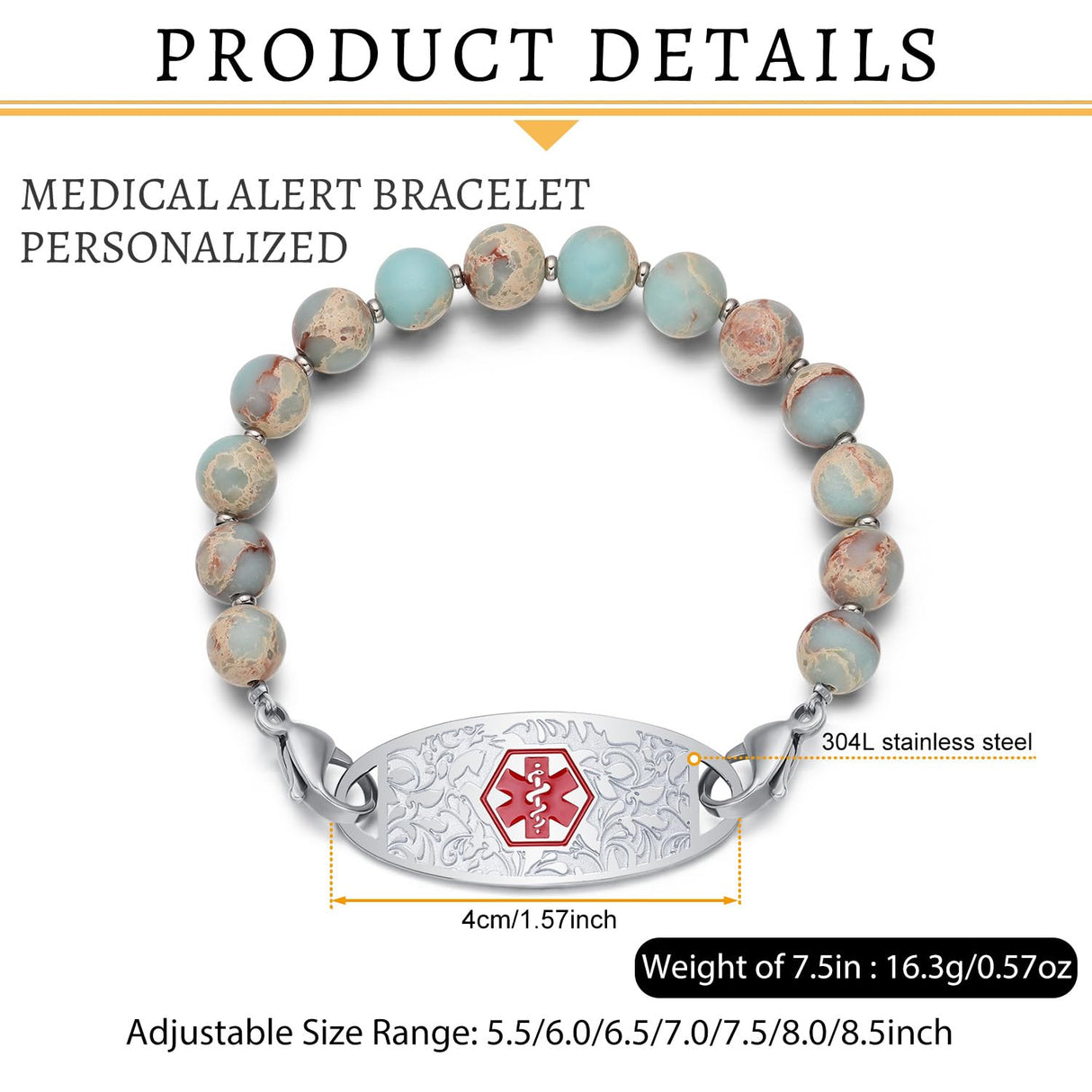JFJEWER Medical Alert Bracelets for Women Men, Personalized ID Bracelets Free Engraving, Colorful Natural Stone Beaded Medical Bracelets