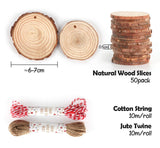 50Pcs Wood Slices 2.4"-2.8" Unfinished Wood Rounds with Pre-drilled Hole and 66Feet Twine String, Natural Wood for Crafts for Home Decor Painting DIY Christmas Ornaments Party Wedding Decor