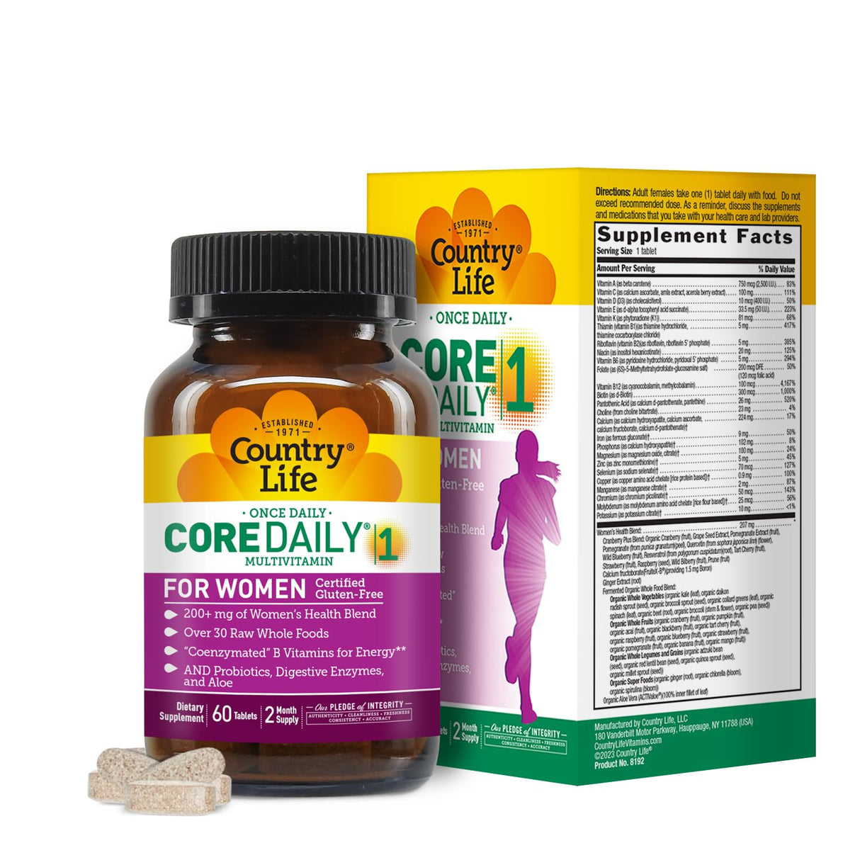 Country Life Women’s Core 1 Daily Multivitamin with Iron, Cranberry, Probiotics, and Digestive Enzymes-Certified Gluten-Free Formula for Energy, Immune Support and Complete Digestive Health,60 Tablets