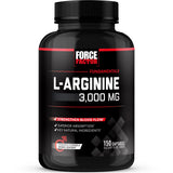Force Factor L-Arginine Nitric Oxide Supplement with BioPerine to Help Build Muscle and Support Stronger Blood Flow, Circulation, Nutrient Delivery, and Pumps, L-Arginine 3000mg, 3g, 150 Capsules