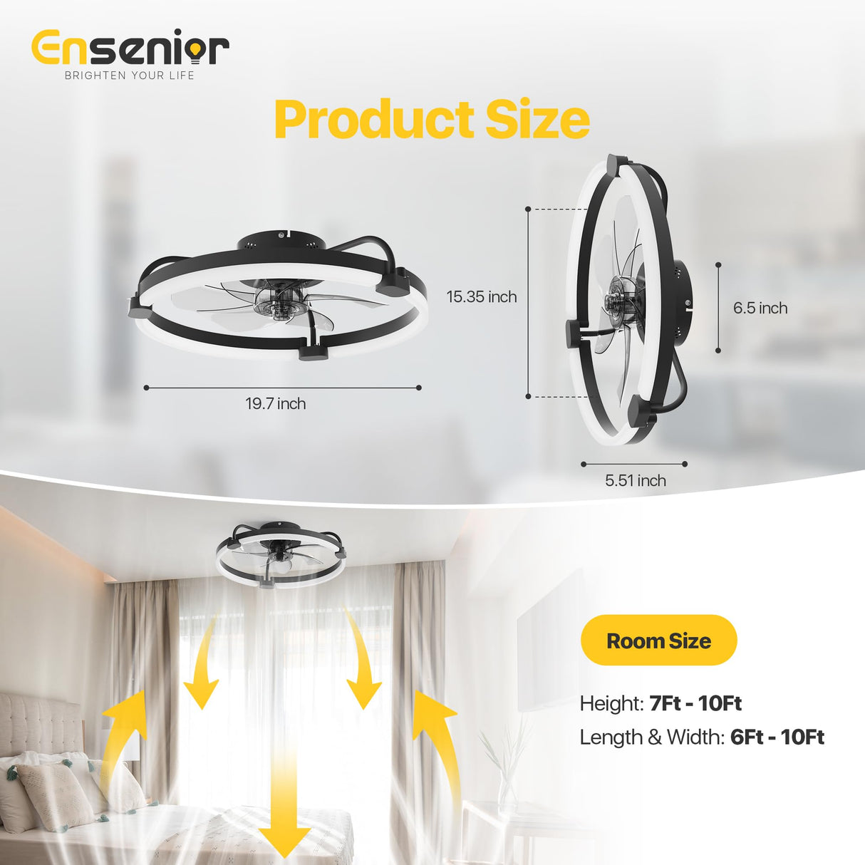 Ensenior Ceiling Fans with Lights and Remote, 20'' Low Profile Ceiling Fan Flush Mount, APP Control, 6 Speed, 3CCT, Quiet Reversible DC Motor, Dimmable Modern Ceiling Fan with Light for Bedroom, Black