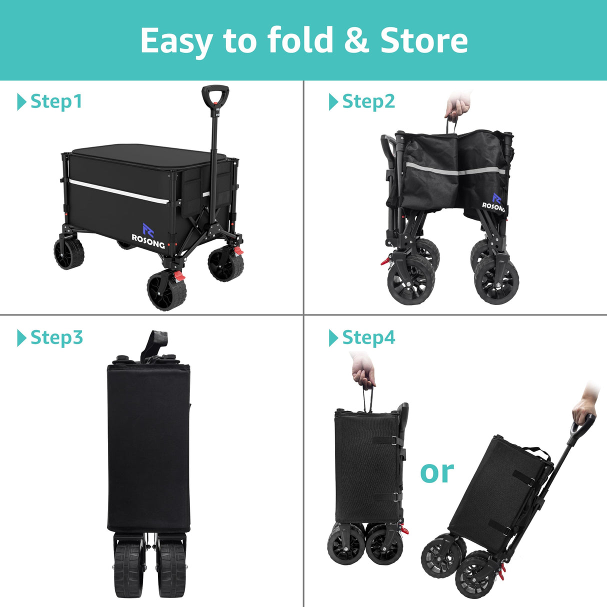 ROSONG Collapsible Wagon Cart with Wheels Foldable - Folding Utility Heavy Duty Wagons Carts for Grocery Sports Garden Shopping Camping Wheelbarrows (Black with Cover, 120L)