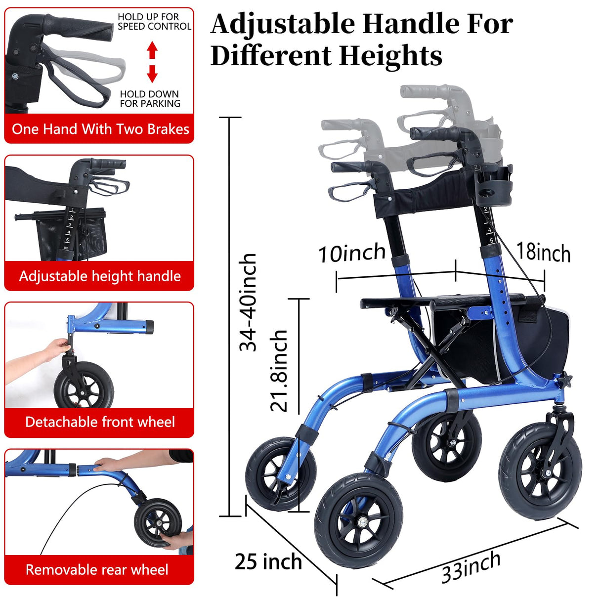 Henmnii Rollator Walker for Seniors, Lightweight Foldable All Terrain Rolling Walker with seat, Aluminum Walkers with 10 inch Rubber Wheels, Handles and Backrest for Seniors and Adult