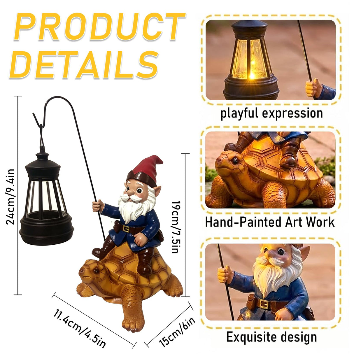 Wlcbomuoe Garden Gnome Decoration, Funny Resin Solar Gnome Statue for Lawn Patio Yard Outdoor Decor, Turtle Riding Gnome Figurine with Lantern, Gift for Women and Men (Gnome-F)