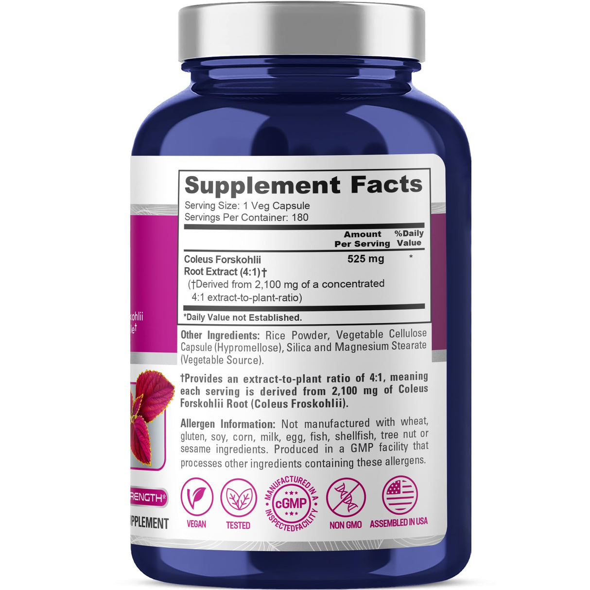 NusaPure Forskohlii 4:1 Extract, 525 mg Equivalent to 21,00 mgper Veggie Caps - 180 Capsules (Non-GMO, Gluten Free)