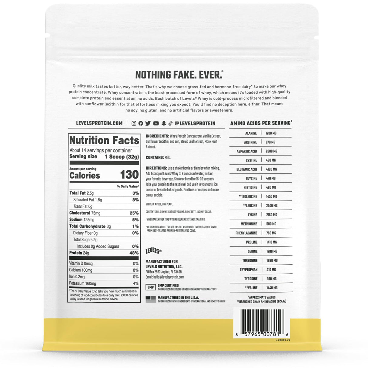 Levels Grass Fed Whey Protein Powder, No Artificials, 24G of Protein, Vanilla Bean, 1LB