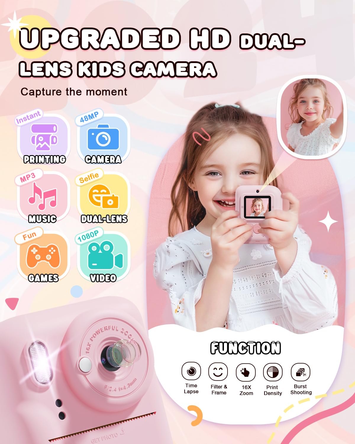 JOYJAM Kids Camera Instant Print, Upgrade Dual-Lens Selfie Digital Camera for Kids, HD 1080P, Christmas Birthday Gifts Toys for Girls Age 3-12, Toddler Portable Toy with SD Card 3 Rolls Print Paper