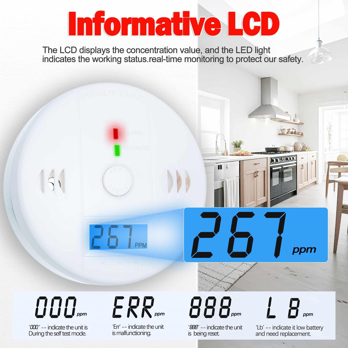 3 Pack Carbon Monoxide detectors, co Detector, Carbon Monoxide Alarm Detector Battery Powered with LCD Display, Carbon Monoxide Detector, UL2034 Standards, for Home