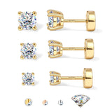 GEMQUEEN 3 Pairs Moissanite Earrings Studs 14K Gold Plated S925 Sterling Silver Flat Back Earring for Women Men - Hypoallergenic Set Cartilage Helix Piercing Jewelry D Color VVS1 1.8CT