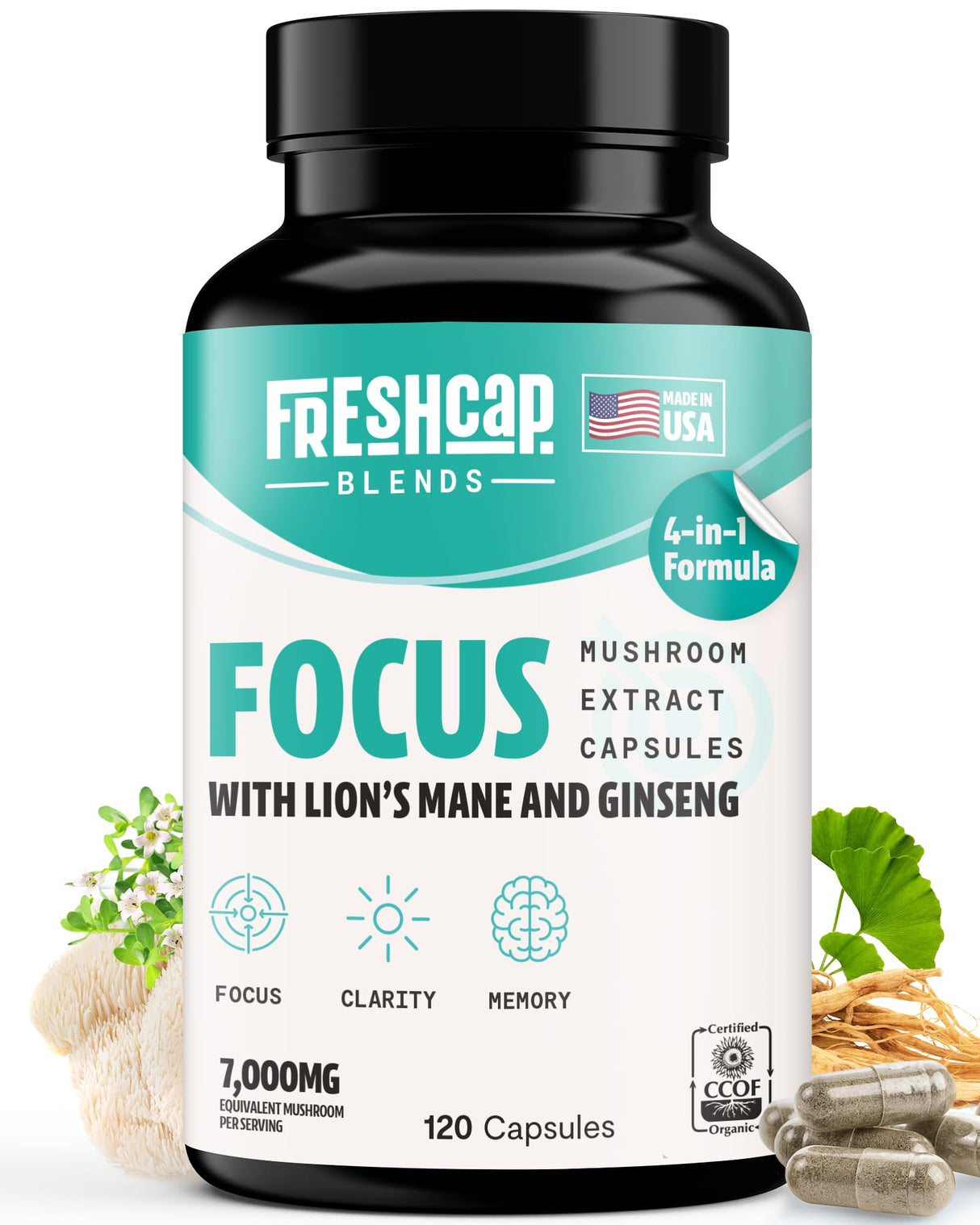FreshCap 4-in-1 Focus Supplement - Supplements for Memory and Focus - Memory Supplement for Brain, Brain Booster Supplement, Lions Mane Extract, Ayurveda Ginseng (120 Capsules)