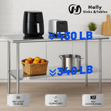 Hally Stainless Steel Table for Prep & Work 18 x 72 Inches, NSF Commercial Heavy Duty Table with Undershelf and Galvanized Legs for Restaurant, Home and Hotel