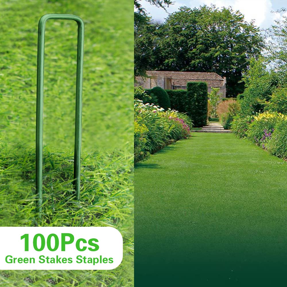 Bakulyor 100Pcs Green Landscape Staples 6 Inch Garden Artificial Turf Stakes Staples, 11 Gauge Lawn Galvanized Ground Fabric Pins for Weed Barrier Sod Decorations Holding Fence and Irrigation Tubing