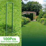 Bakulyor 100Pcs Green Landscape Staples 6 Inch Garden Artificial Turf Stakes Staples, 11 Gauge Lawn Galvanized Ground Fabric Pins for Weed Barrier Sod Decorations Holding Fence and Irrigation Tubing