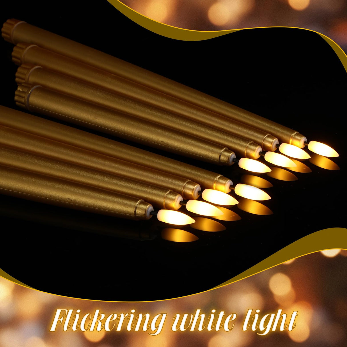 Rossesay 24 Pcs Flameless LED Taper Candles Battery Operated Candles 8.58'', 9.69'', 10.98'', 12.91'', 12.8'' Flameless Candlesticks Flickering for Halloween Christmas Church Wedding(Golden)