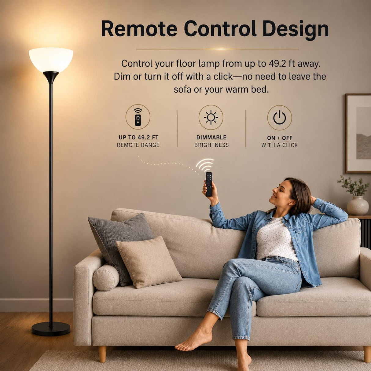 PESRAE Floor Lamp, Remote Control with Stpeless Color Temperatures and Brightness, Torchiere lamp for Bedroom, Living Room, Bulb Included (Matte Black)