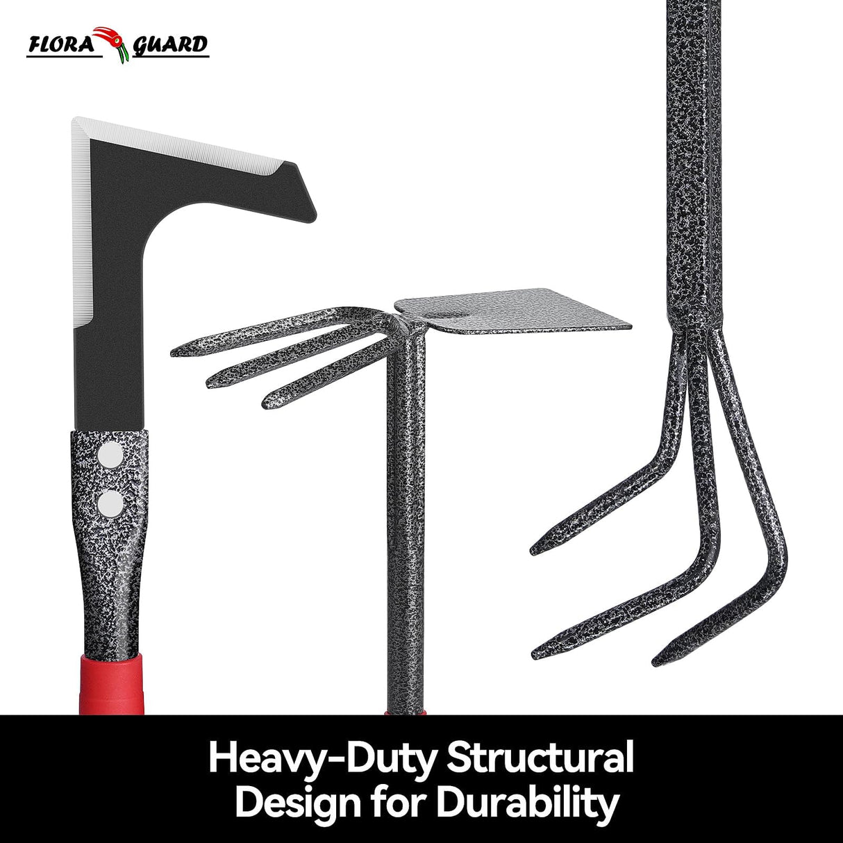 FLORA GUARD 6-Piece Garden Tool Set, Heavy Duty Gardening Hand Tools with Trowel, Rakes, Cultivator, Hoe & Crack Weeder, High Carbon Steel Yard Tools for Weeding, Planting, Digging, Gardening Gifts