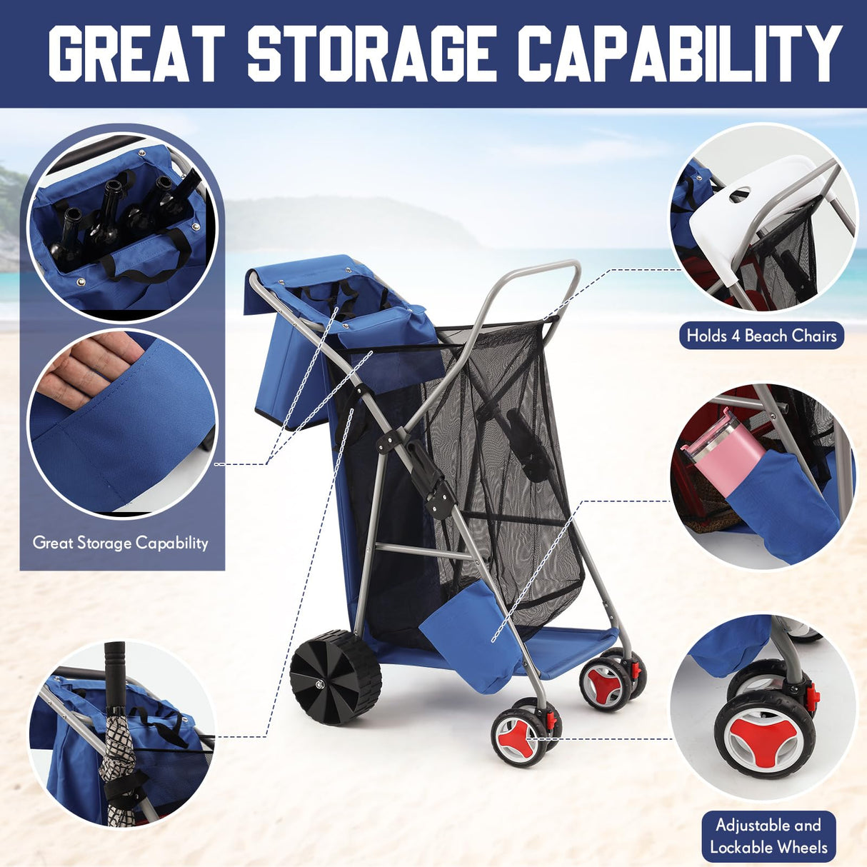 DoubleFill Beach Cart with Big Wheels for Sand, Foldable Beach Wagon Buggy with Surfboard Holder, Removable Tote and Aluminum Frame, Wide Wheel for Chairs, Cooler, Camping, Picnic Outdoor(Blue)