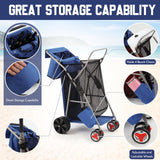 DoubleFill Beach Cart with Big Wheels for Sand, Foldable Beach Wagon Buggy with Surfboard Holder, Removable Tote and Aluminum Frame, Wide Wheel for Chairs, Cooler, Camping, Picnic Outdoor(Blue)
